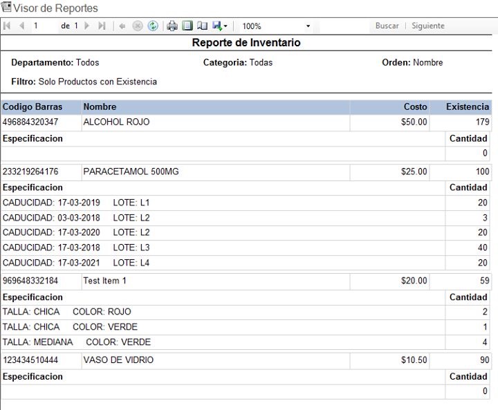 Reporte de inventario